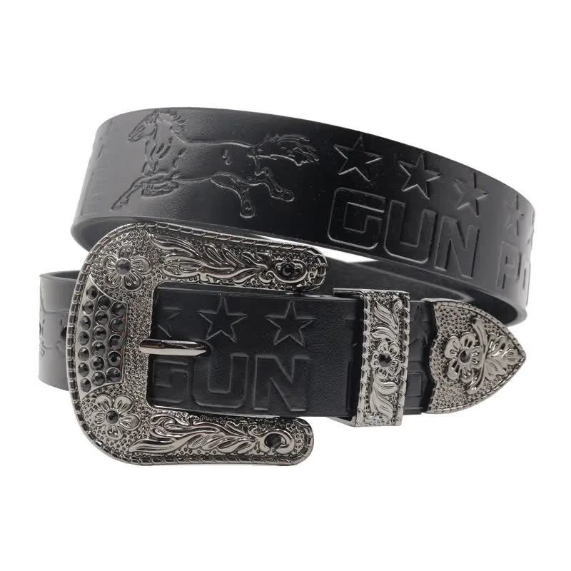 Men's Cowboy Pattern Carved Buckle Leather Belt