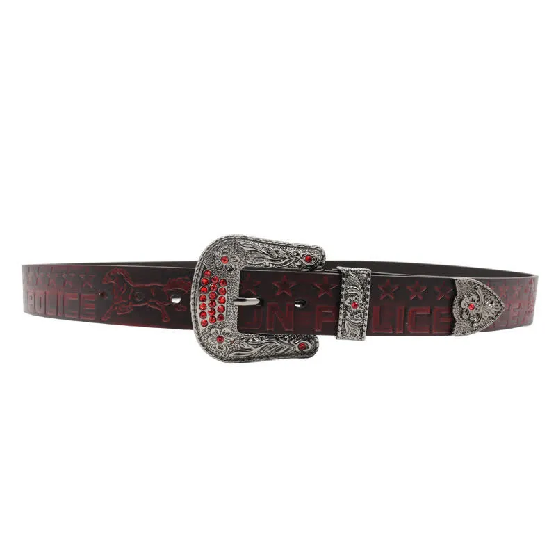 Men's Cowboy Pattern Carved Buckle Leather Belt