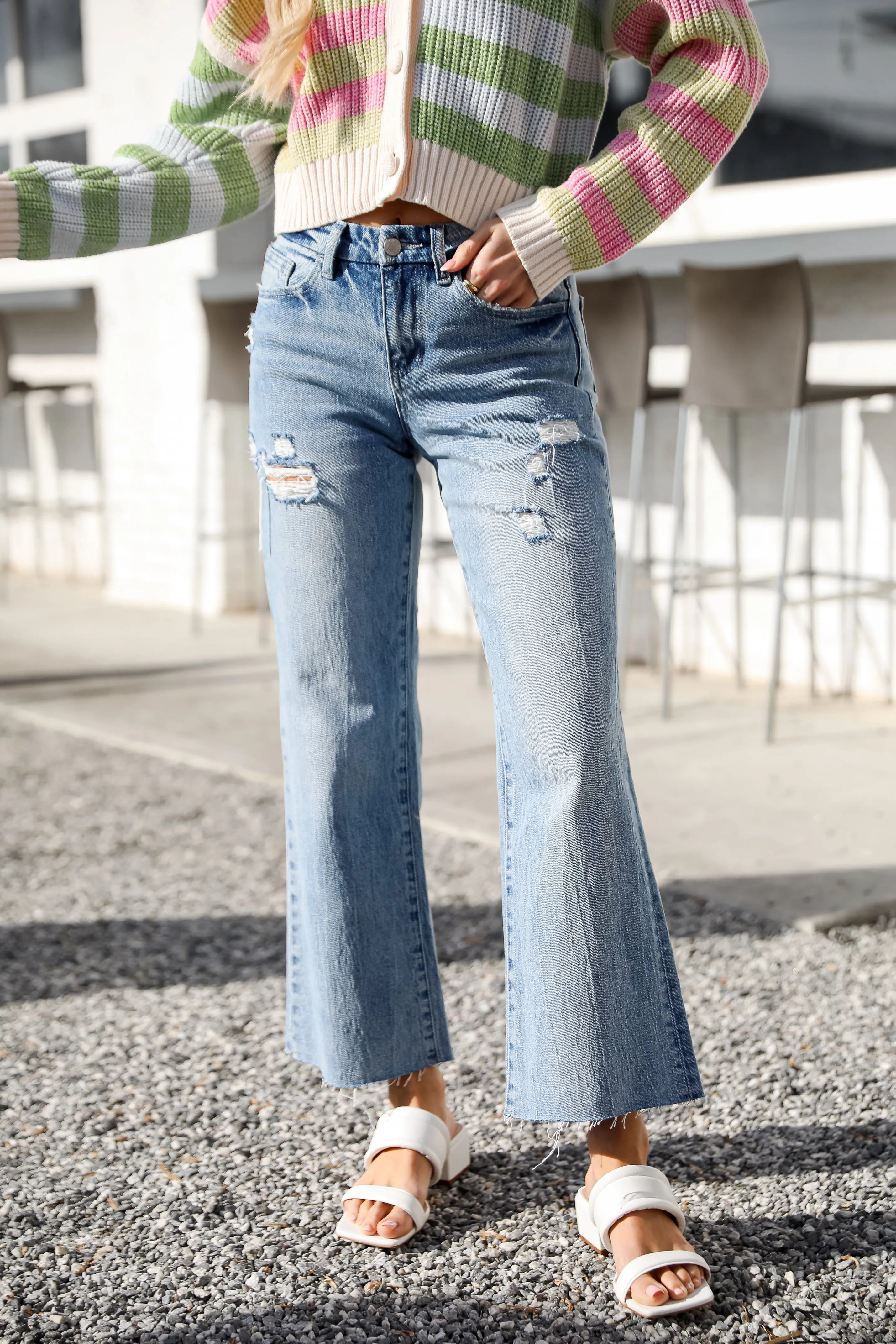 Olivia Medium Wash Distressed Wide Leg Jeans