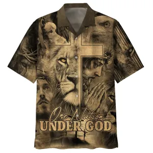 One Nation Under God Hawaiian Shirt For Men - Jesus And The Lion Of Judah Hawaiian Shirts - Christian Hawaiian Shirt