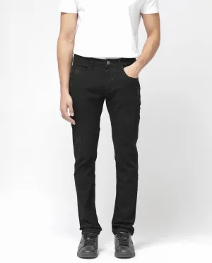 Rare Rabbit Mens Astro Black Cotton Mid Rise Elastane Solid Slim Fit Jeans