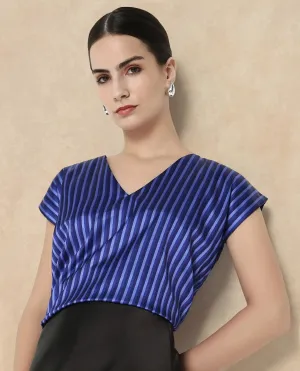 Rareism Women Chinita Blue Extended Sleeve V-Neck Boxy Fit Narrow Stripes Top