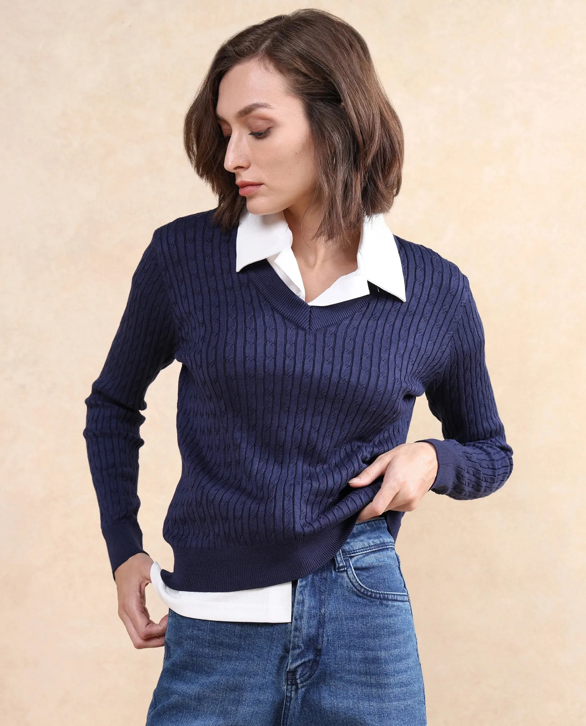 Rareism Women Izmit Navy Plain Top