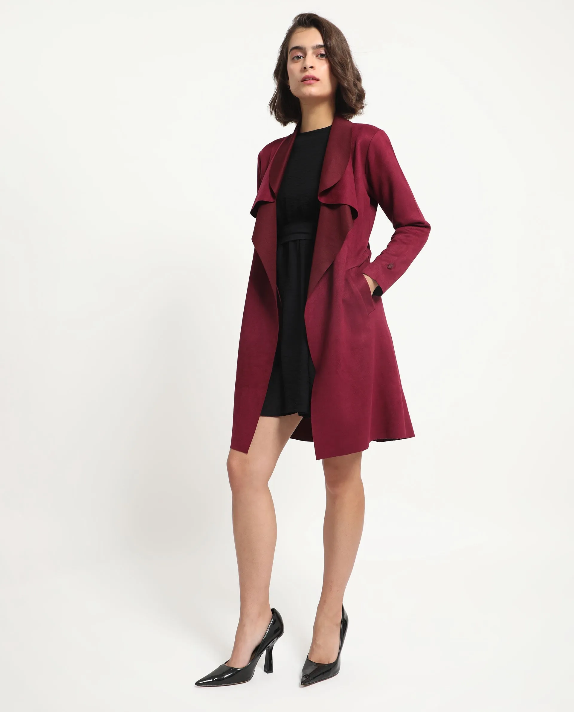 Rareism Women Palmer 1 Maroon Polyester Fabric Full Sleeves Cut Away Collar Relaxed Fit Plain Knee Length Jacket