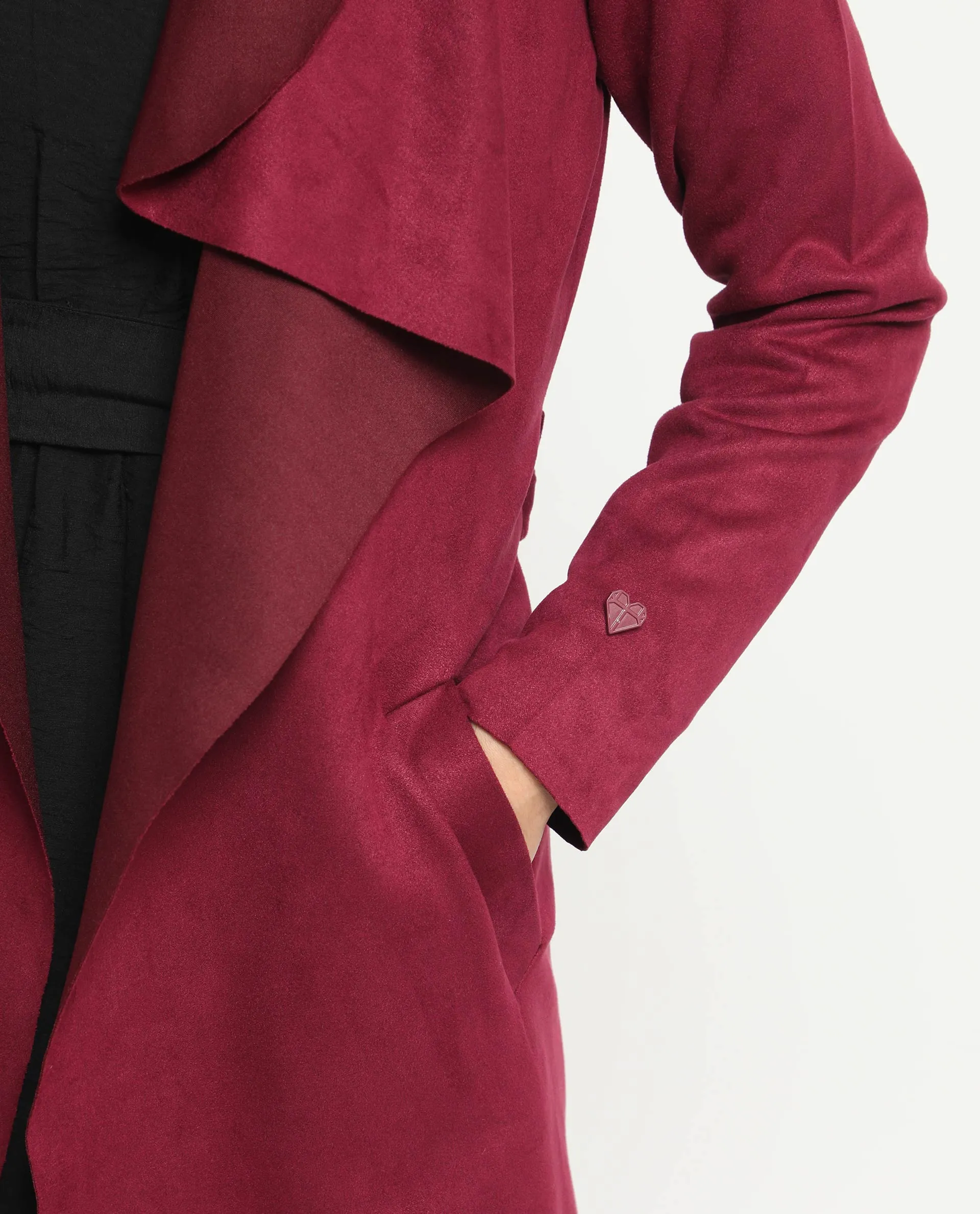 Rareism Women Palmer 1 Maroon Polyester Fabric Full Sleeves Cut Away Collar Relaxed Fit Plain Knee Length Jacket