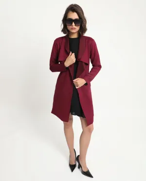 Rareism Women Palmer 1 Maroon Polyester Fabric Full Sleeves Cut Away Collar Relaxed Fit Plain Knee Length Jacket