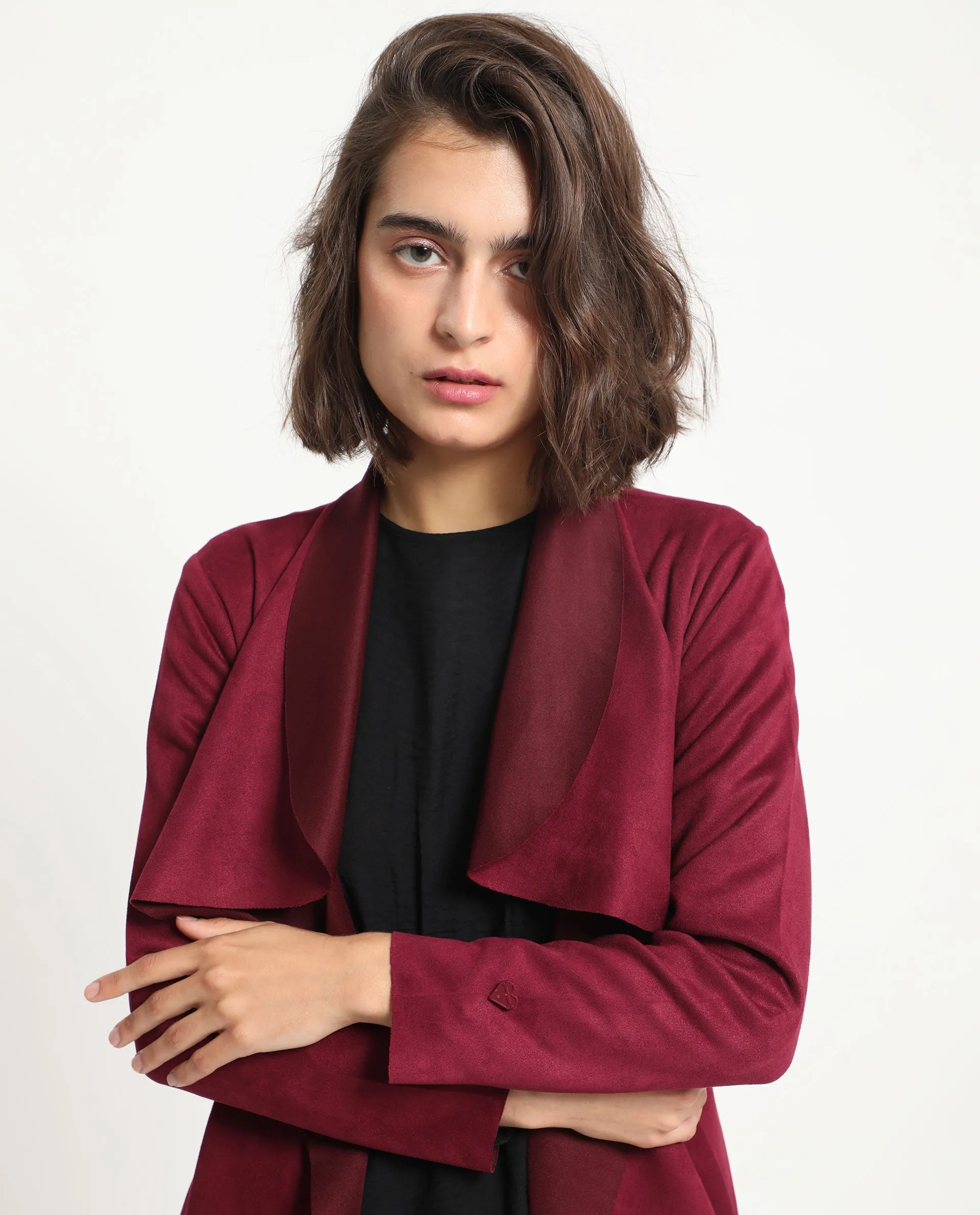 Rareism Women Palmer 1 Maroon Polyester Fabric Full Sleeves Cut Away Collar Relaxed Fit Plain Knee Length Jacket