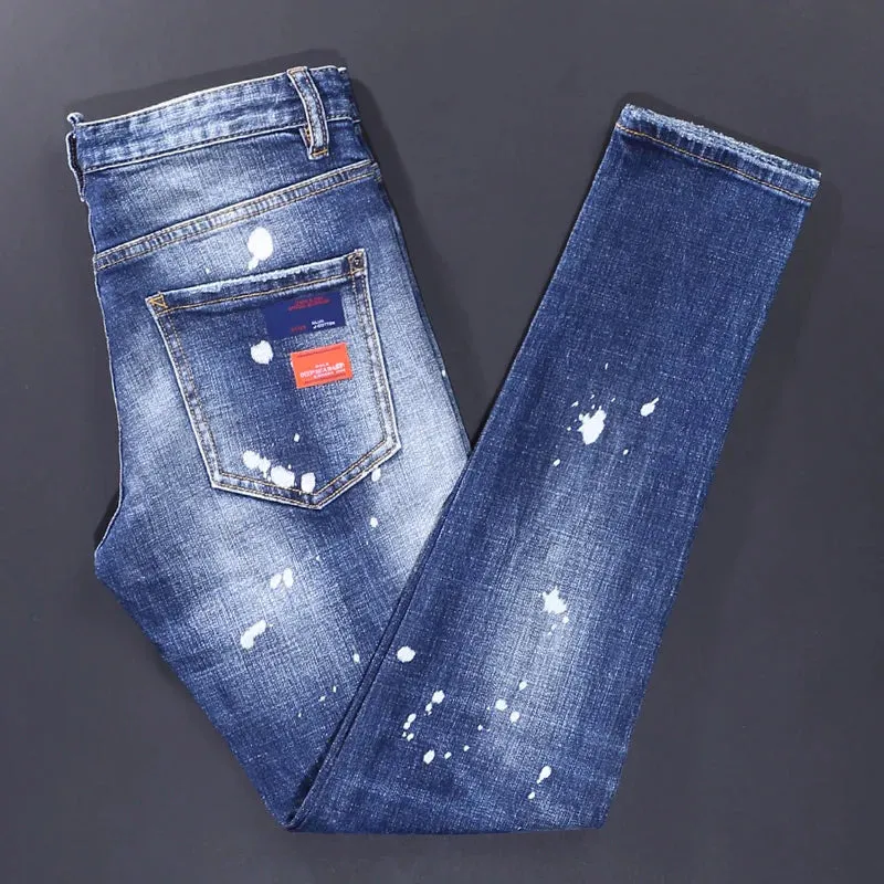 Retro Blue Splash Ink Denim Jeans