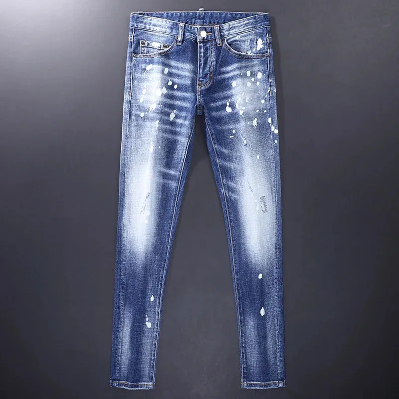 Retro Blue Splash Ink Denim Jeans