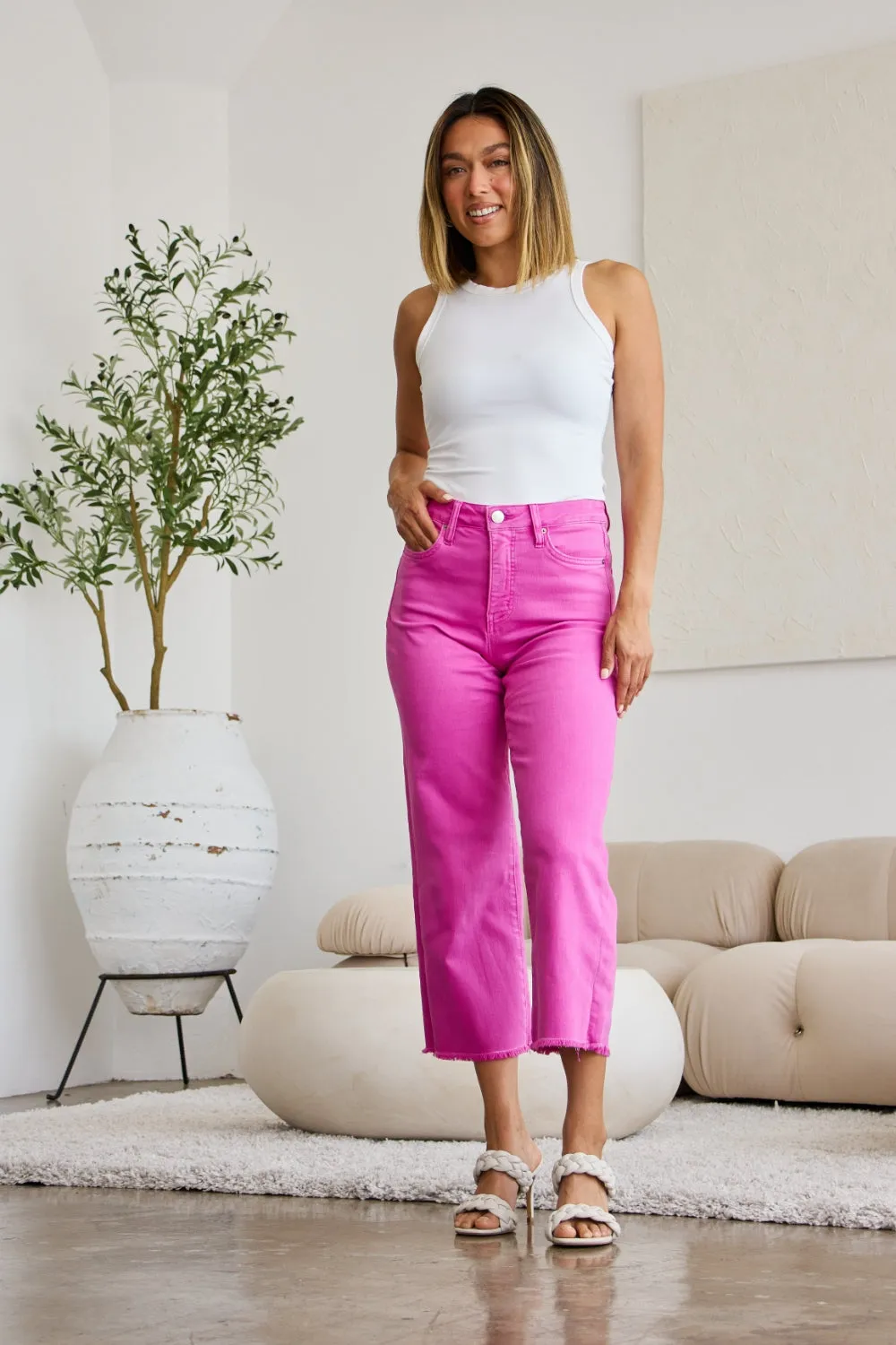 RFM Tummy Control High Waist Raw Hem Cropped Jeans - Pink Rouge