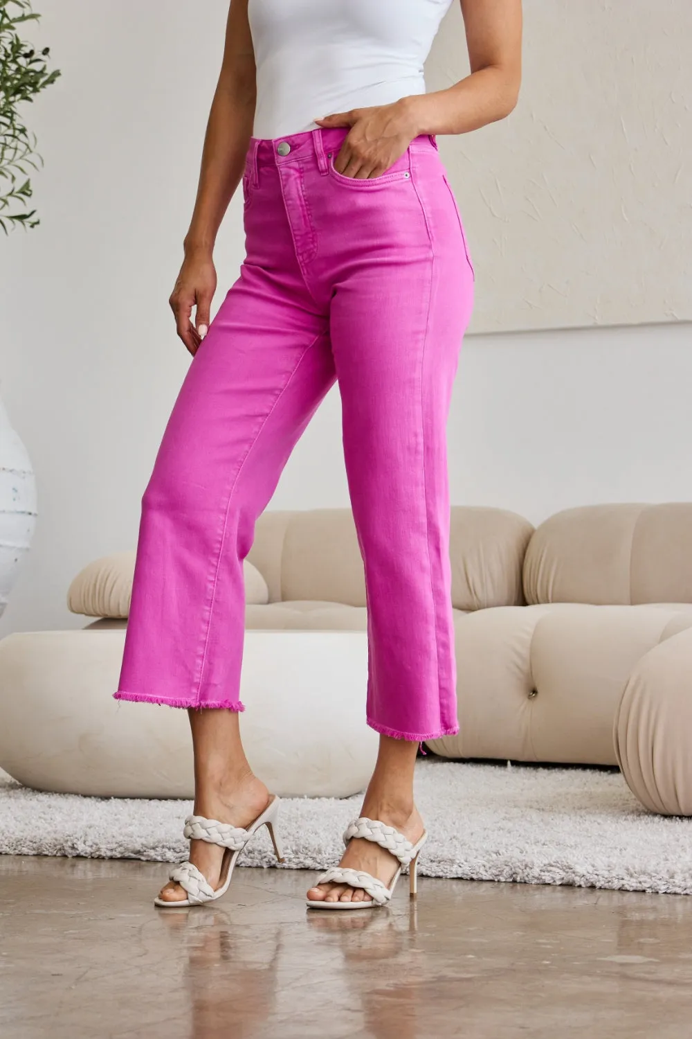 RFM Tummy Control High Waist Raw Hem Cropped Jeans - Pink Rouge