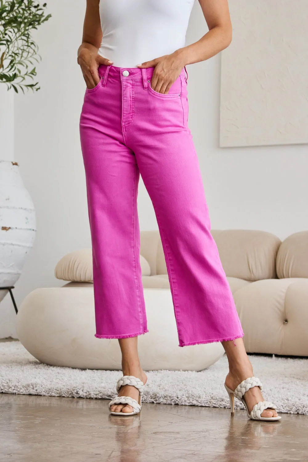 RFM Tummy Control High Waist Raw Hem Cropped Jeans - Pink Rouge