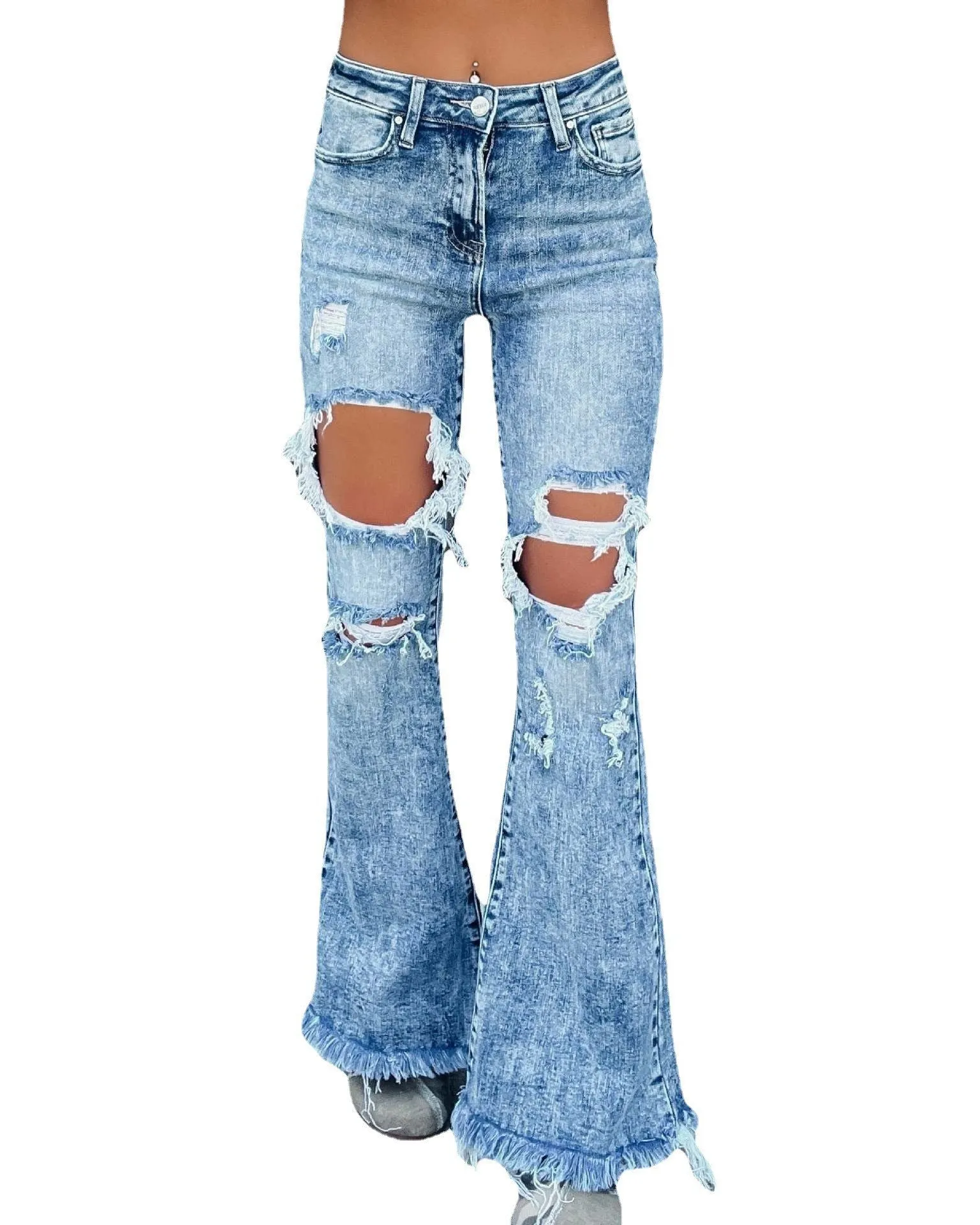 Ripped High Waist Broken Tassel Detail Flare Denim Jeans