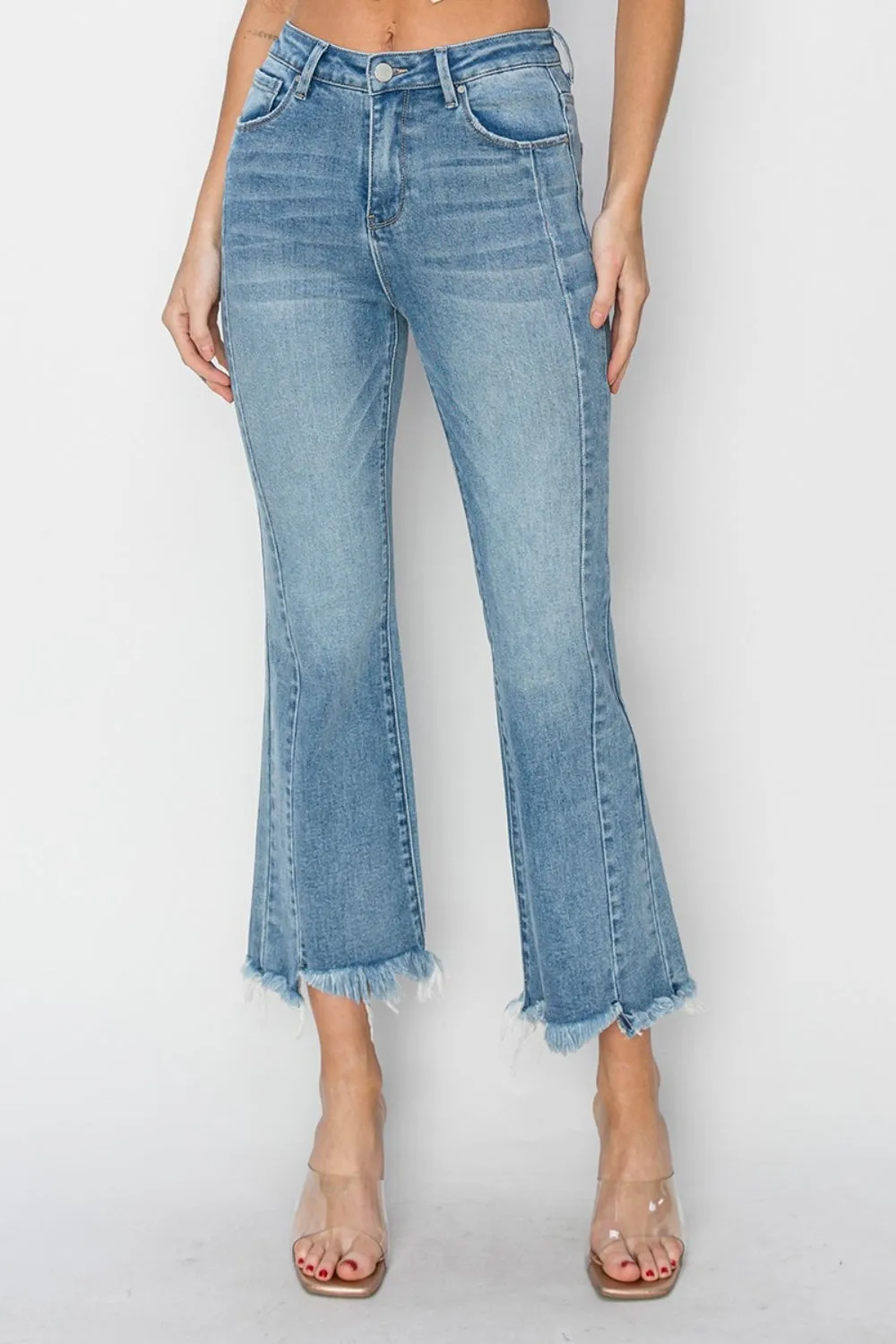 RISEN Full Size High Rise Frayed Hem Flare Jeans - ONLINE ONLY - 7-10 DAY SHIPPING