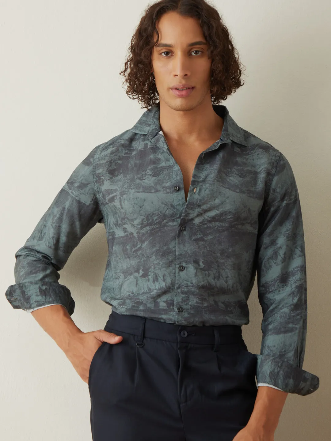 Sea Green Printed Casual Shirt