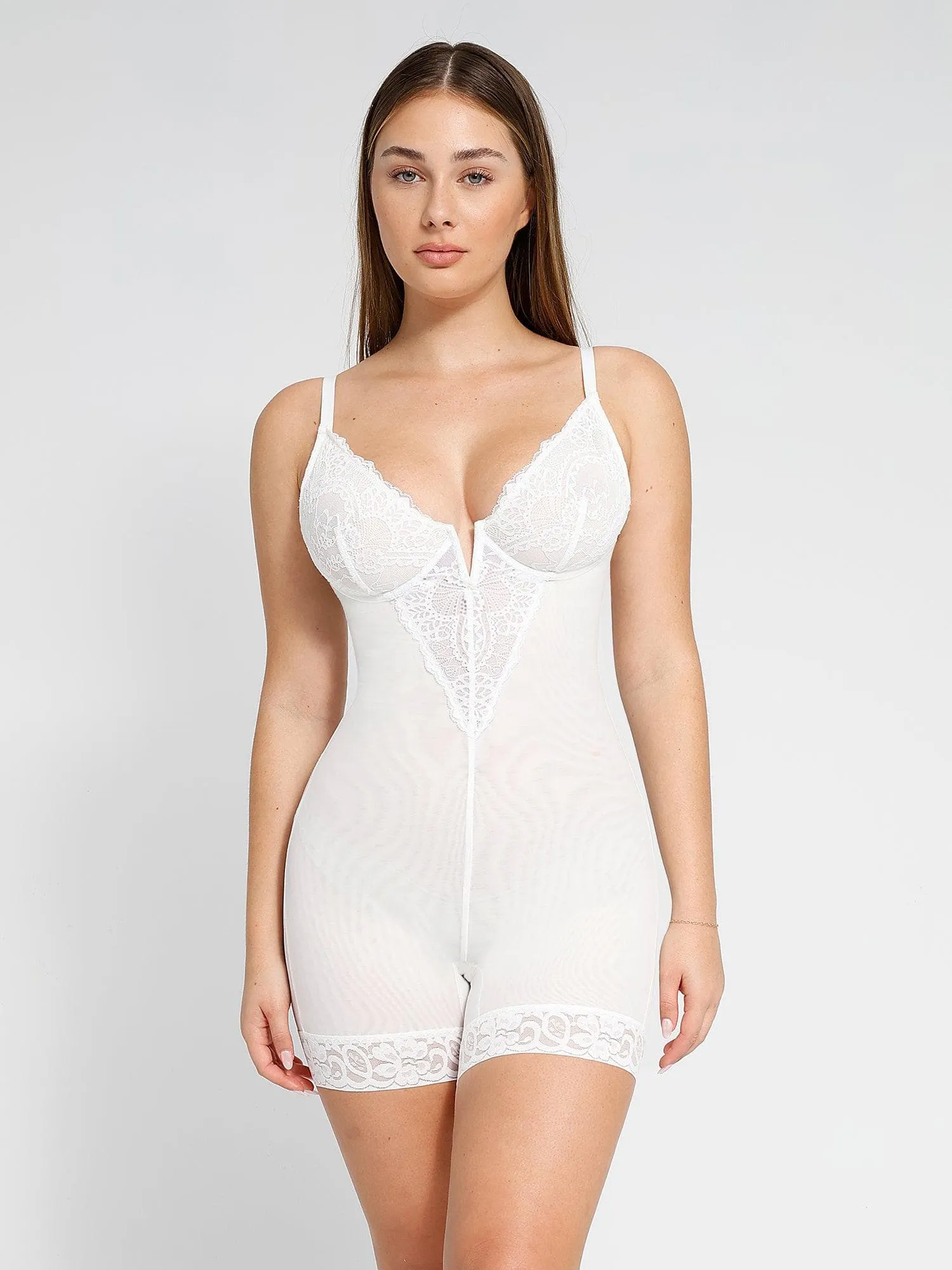 Shapewear Lace Deep-V Neck Bodysuits or Faux Leather Skirts