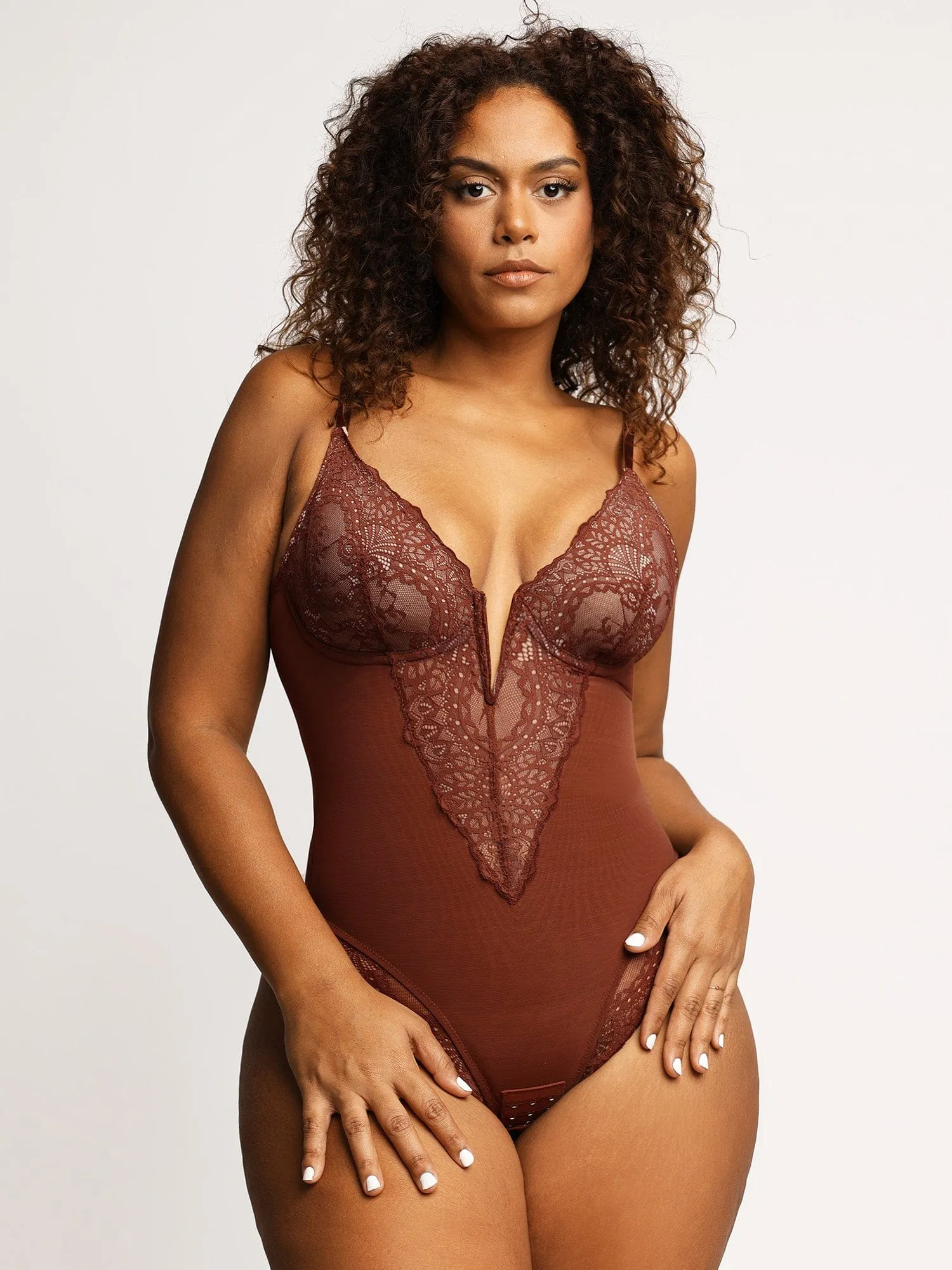 Shapewear Lace Deep-V Neck Bodysuits or Faux Leather Skirts