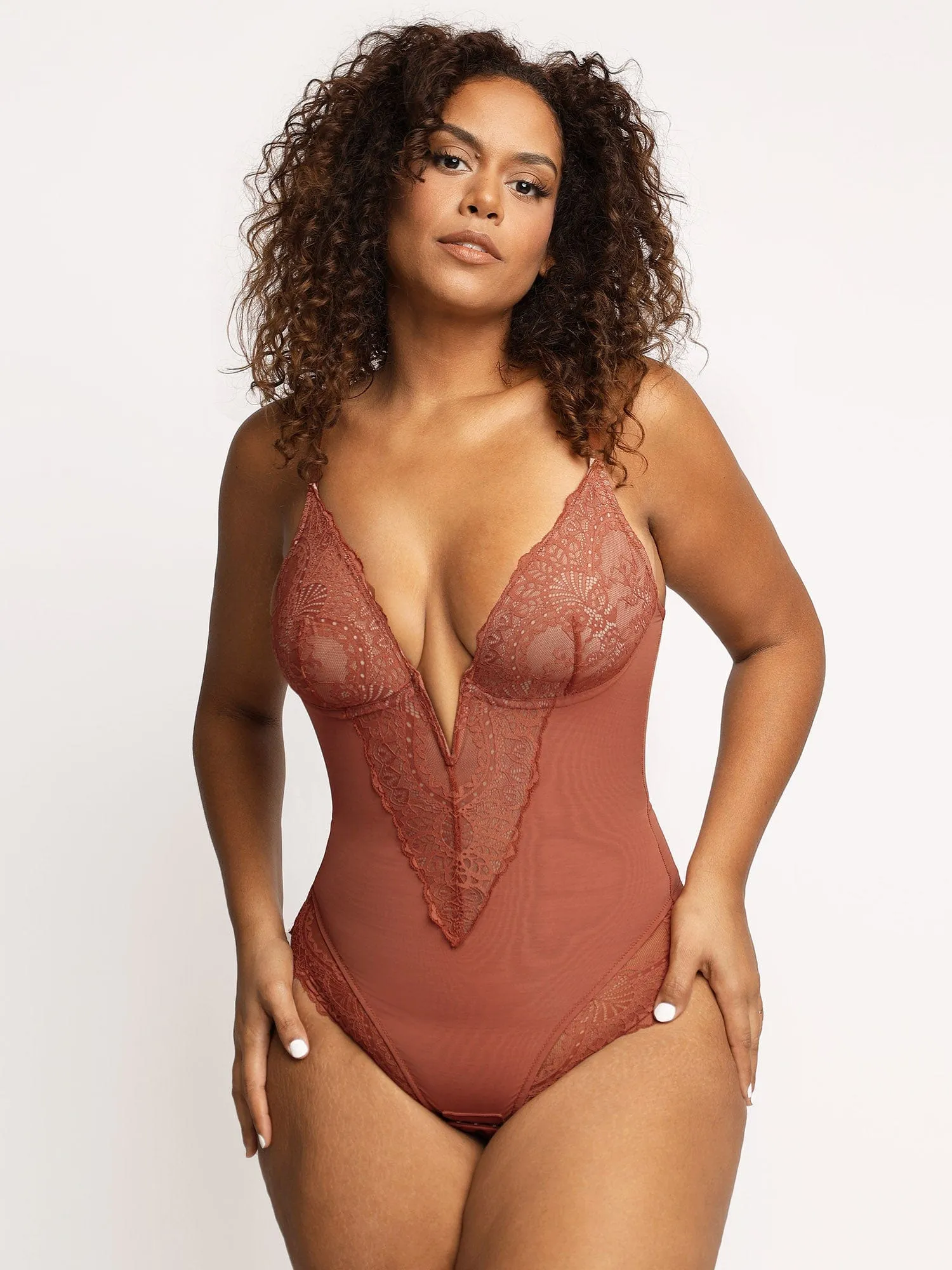 Shapewear Lace Deep-V Neck Bodysuits or Faux Leather Skirts