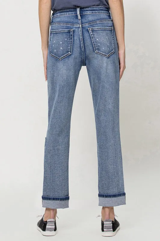 STRETCH BOYFRIEND JEANS W PAINT SPATTER DETAIL AND