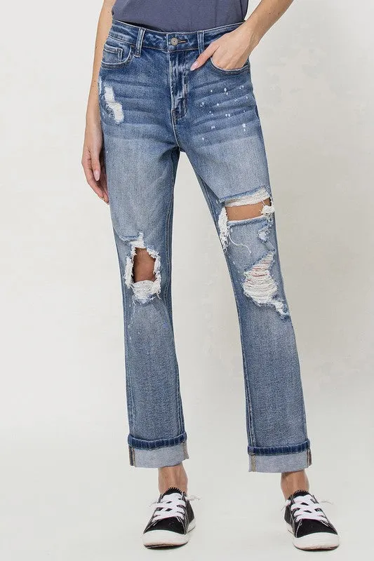 STRETCH BOYFRIEND JEANS W PAINT SPATTER DETAIL AND