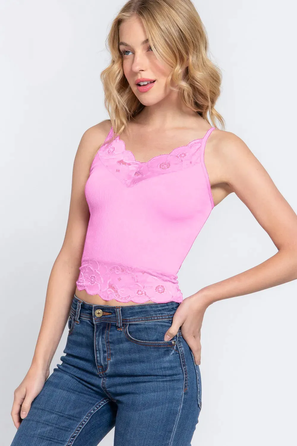 V-Neck Lace Detail Ribbed Seamless Cami