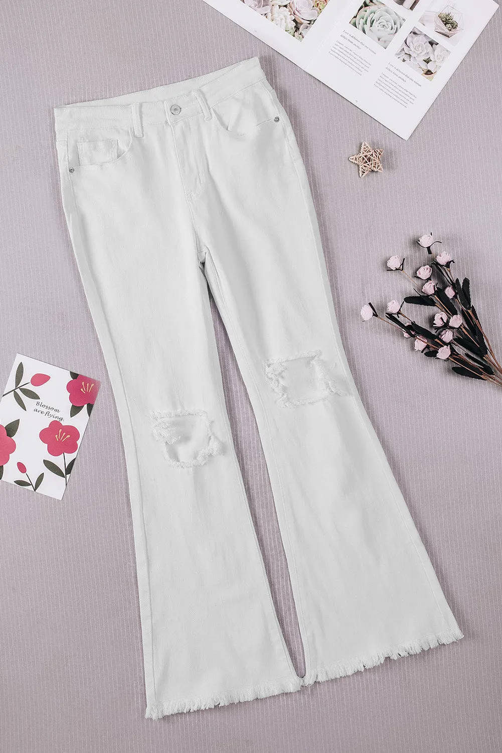 White Distressed Frayed Flare Denim Jeans