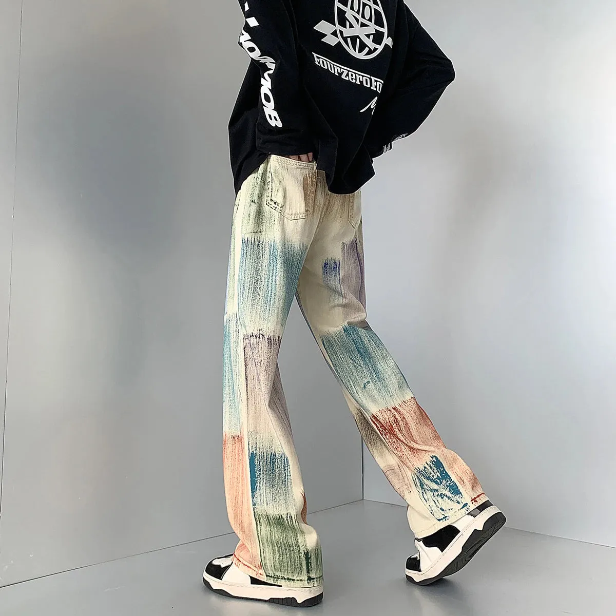 Wiaofellas  -  New Fashion Graffiti Tie-dye Jeans Hip Hop Rock Loose Straight Trousers for Men and Women Retro Harajuku Streetwear Pants