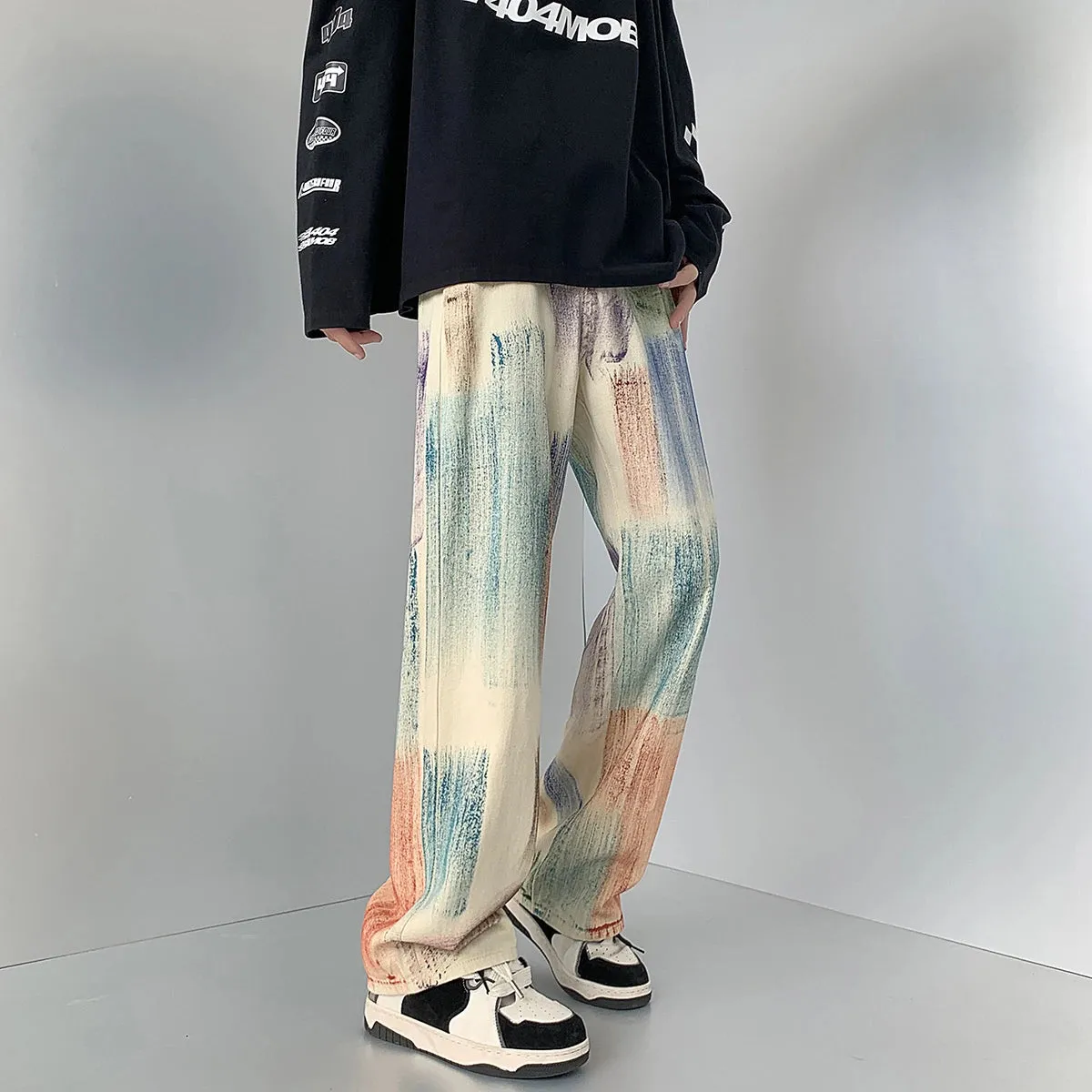 Wiaofellas  -  New Fashion Graffiti Tie-dye Jeans Hip Hop Rock Loose Straight Trousers for Men and Women Retro Harajuku Streetwear Pants