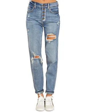 Women's Light Blue Distressed Button-Up Boyfriend Jeans