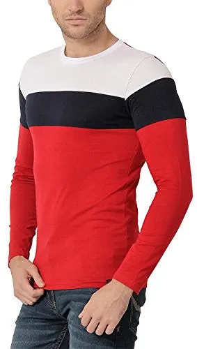 Zsolt Full sleeve Tri-color round neck Men's T-shirt (Medium, Red)