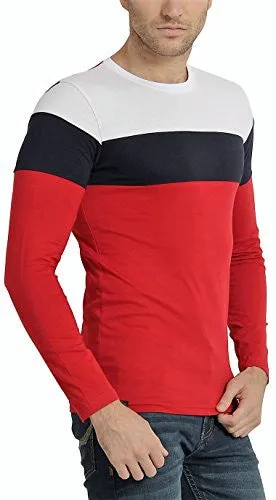 Zsolt Full sleeve Tri-color round neck Men's T-shirt (Medium, Red)